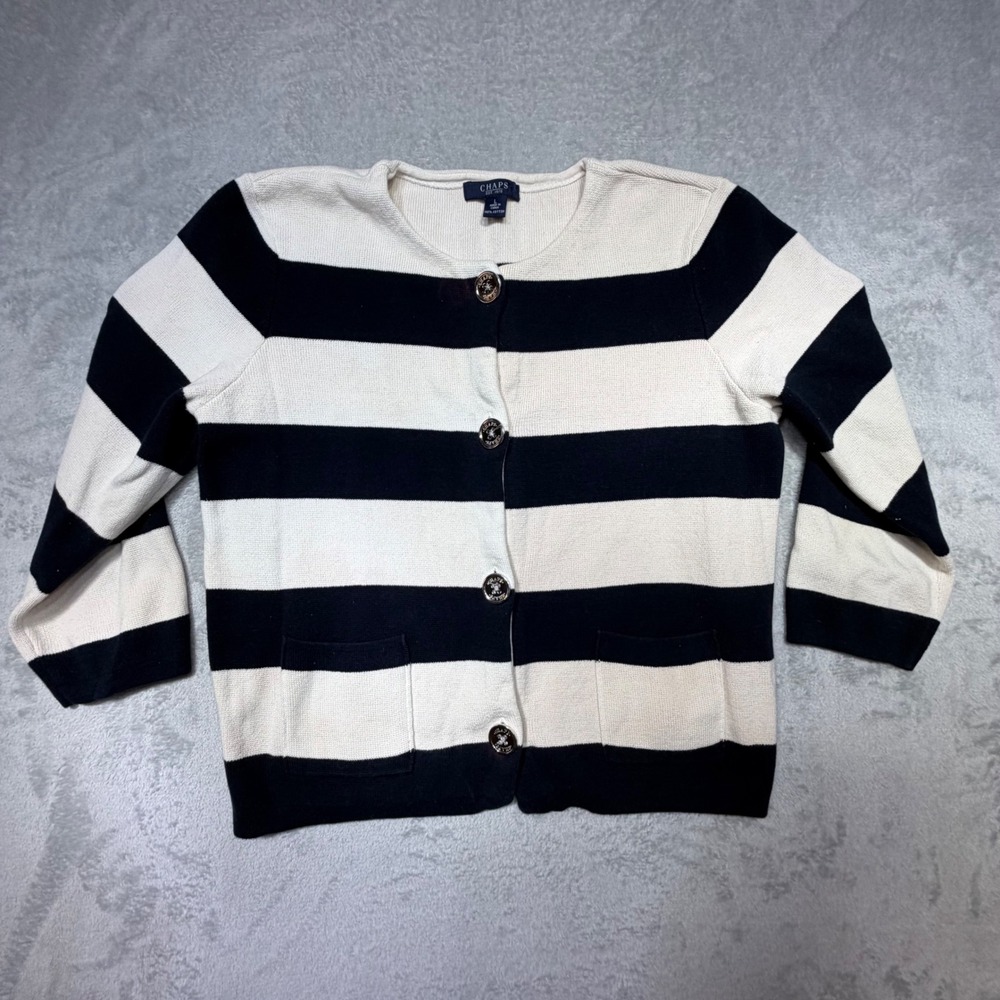 Vintage Chaps Striped Cardigan‎ Sweater Large Navy Cream 100% Cotton Nautical L